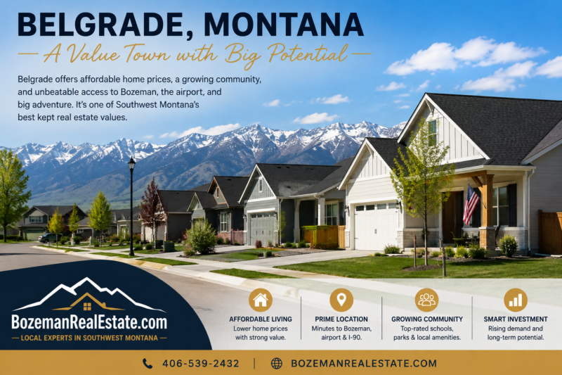 Modern single-family homes in a Belgrade, Montana subdivision with the Bridger Mountains in the background, showcasing affordable living and growing real estate opportunities in the Gallatin Valley.