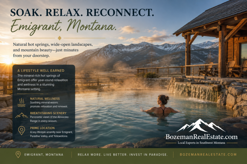 Emigrant Montana real estate lifestyle with a steaming outdoor mineral hot springs pool, rustic lodge, and Absaroka Mountain views near Paradise Valley.