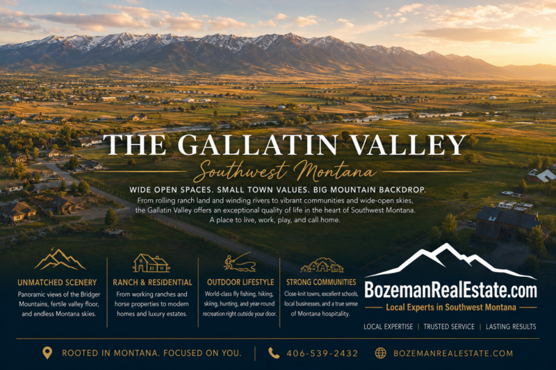 Golden hour aerial view of the Gallatin Valley in Southwest Montana looking toward the Bridger Mountains, showcasing open ranch land, residential communities, and the BozemanRealEstate.com logo.
