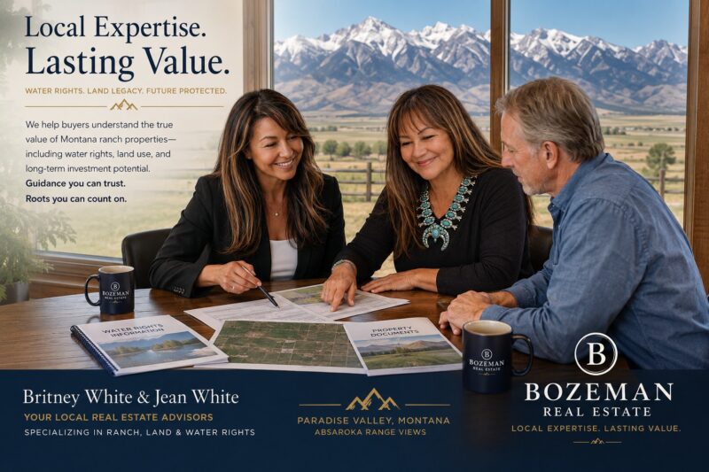 Britney White and Jean White meet with a prospective buyer to review Montana ranch water rights, land use maps, and property documents overlooking Paradise Valley and the Absaroka Mountains. Bozeman Real Estate specializes in ranch, land, and water rights throughout Southwest Montana.