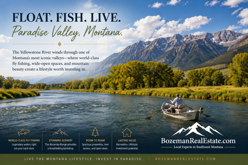 Paradise Valley Montana real estate with a fly fisherman in a drift boat on the Yellowstone River, cottonwood-lined banks, and the Absaroka Range.