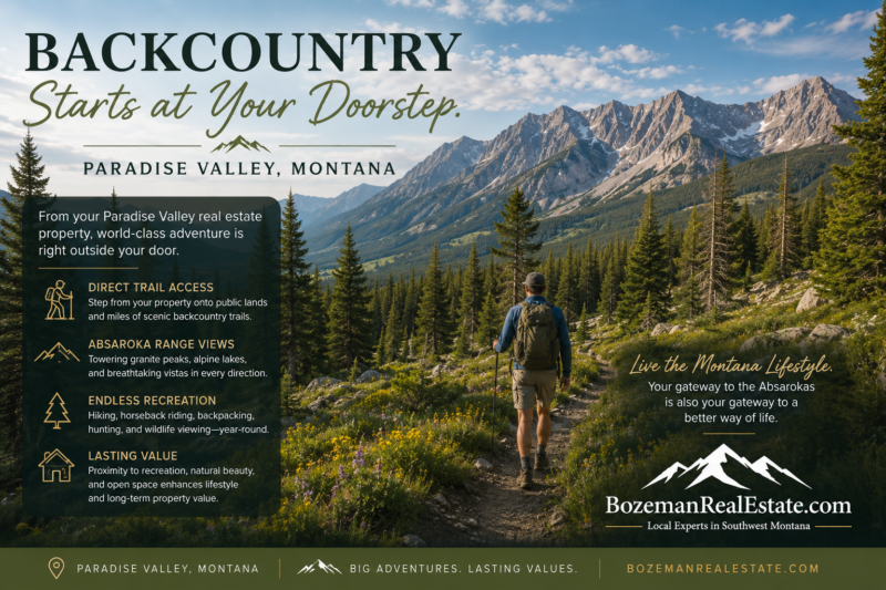 Paradise Valley real estate with a forested hiking trail, hiker, wildflowers, and rugged Absaroka Range mountain views in Southwest Montana.