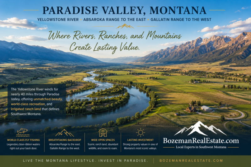 Aerial view of Paradise Valley real estate with the Yellowstone River winding through Montana ranch land between the Absaroka and Gallatin mountain ranges.