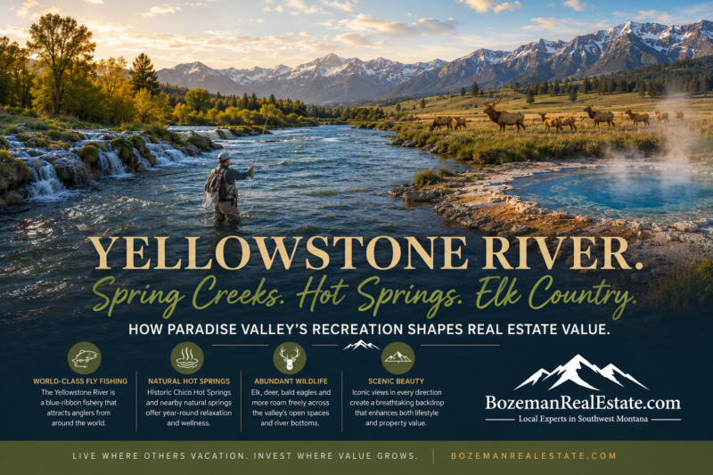 Paradise Valley real estate along the Yellowstone River with a fly fisherman, natural hot springs, elk country, and Absaroka Mountain views in Montana.
