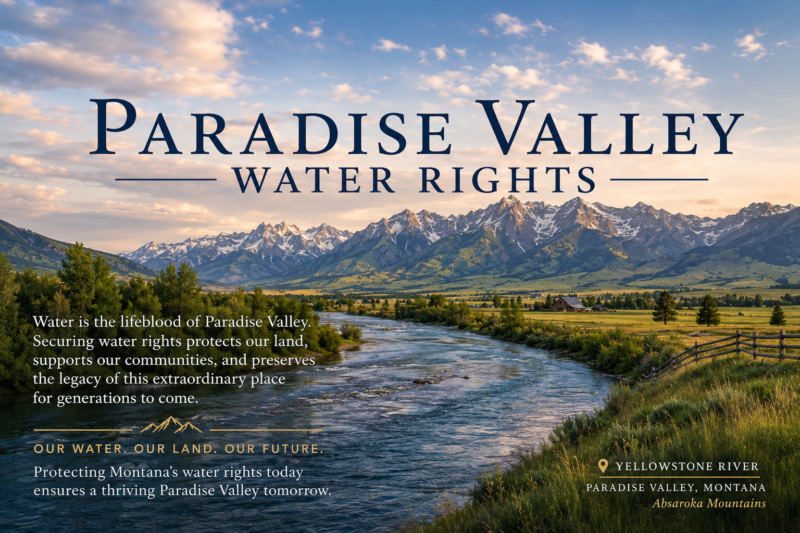 Paradise Valley water rights along the Yellowstone River in Paradise Valley, Montana, with the snow-capped Absaroka Mountains in the background at golden hour, highlighting the importance of water rights for ranches, farms, riverfront properties, and Paradise Valley real estate.