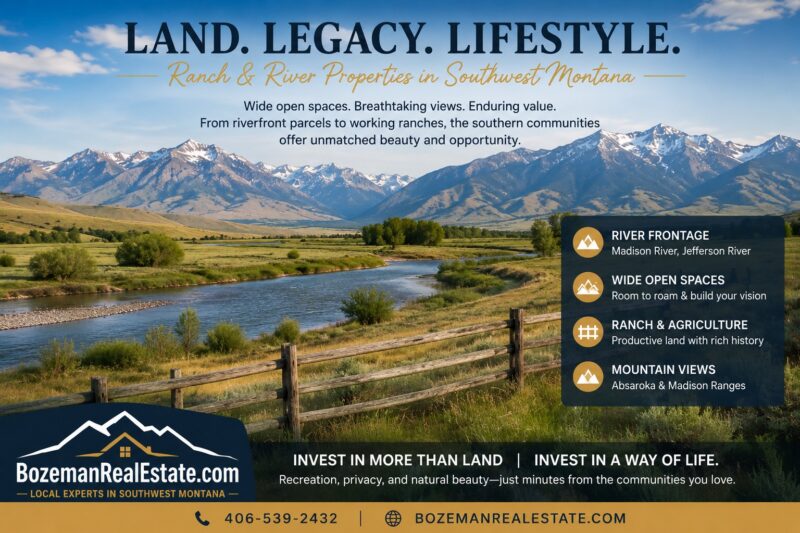 Southwest Montana ranch and river properties featuring the Madison River, wide open ranchland, and mountain views representing land, legacy, and lifestyle with BozemanRealEstate.com.